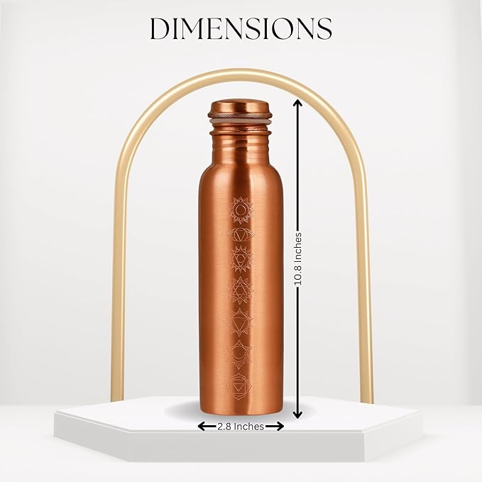 Pure Copper Metal Water Bottle - 32 oz - Indian Handmade Ayurveda Healing Drinking Water Bottle for Travel, Hiking, Gym, Office, Outdoor - Glossy Seven Chakras