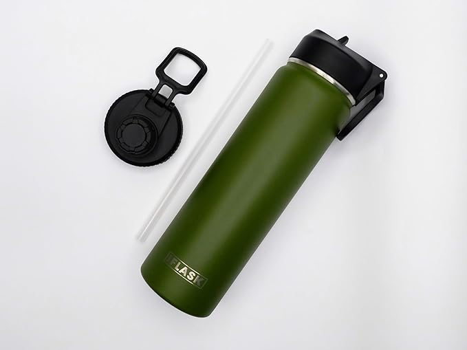 Sport Travel Outdoor Water Bottle with Spout and Straw Lids | Leak Proof | Insulated Stainless Steel Double Walled | BPA and Sweat free | Hot & Cold | For Kids Men & Women (Green, 22 oz)
