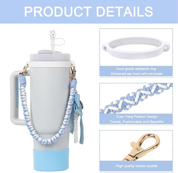 Stanley Cup Accessories Set- Water Bottle Handle Strap, Stanley Cup Protective Silicone Boot, Bow Design Stanley Charms for Stanley Cup 40oz /30 oz Tumbler (blue)
