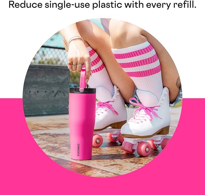 Corkcicle Go Cup XL Insulated Tumbler with Lid and Straw, Dragonfuit, 30 oz – Reusable Water Bottle Keeps Beverages Cold for 12hrs – Cupholder Friendly Tumbler, Leak-Proof Design