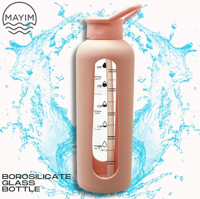 Mayim 24 Oz Glass Tumbler with Straw and Handle, Reusable Motivational Glass Water Bottle with Silicone Sleeve and Time Marker, Leak Proof Borosilicate Water Bottle -Blush