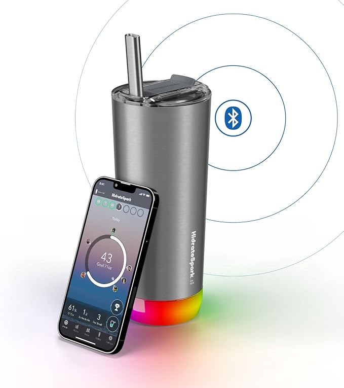 HidrateSpark PRO Smart Tumbler Bundle – Insulated Stainless Steel – Tracks Water Intake with Bluetooth, LED Glow Reminder When You Need to Drink – 20oz, Brushed Stainless Steel + 3 Straws