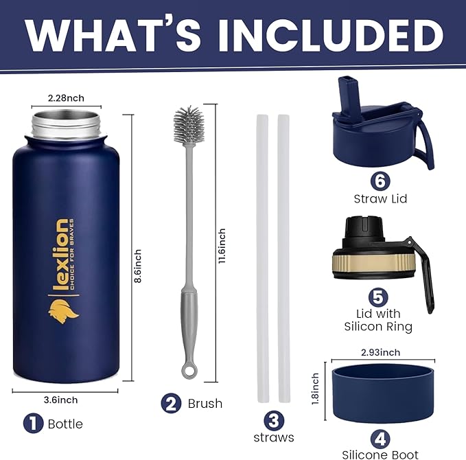 Water Bottle 32oz, Triple Walled Insulated Stainless Steel Reusable Bottle, Silicone Sleeve, Cleaning Brush, 2 Lids (Spout lid & Straw lid w/2 straw), Metal Mug Gallon, BPA Free, Twilight Blue