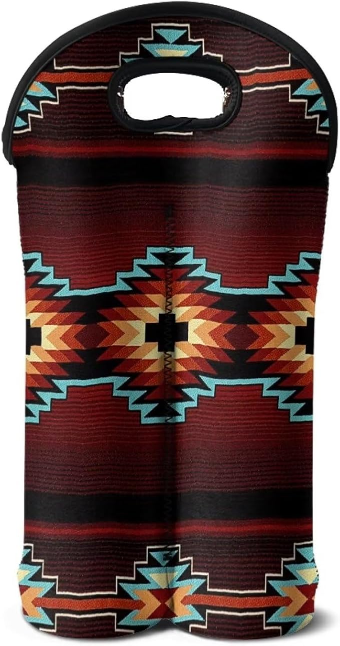 doginthehole Southwest Tribe Wine Tote Carrier Bag 2 Bottle Wine Carrying Bag Aztec Pattern Neoprene Champagne Bottle Protective Insulated Sleeve for Wedding, Birthday, and Dinner Party