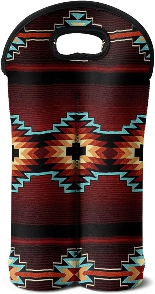 doginthehole Southwest Tribe Wine Tote Carrier Bag 2 Bottle Wine Carrying Bag Aztec Pattern Neoprene Champagne Bottle Protective Insulated Sleeve for Wedding, Birthday, and Dinner Party