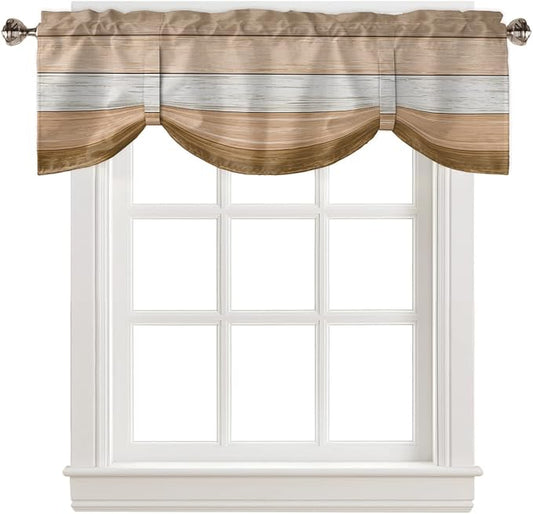 Farmhouse Summer Blackout Tie Up Valance Curtains for Kitchen Windows,Brown Beach Fall Window Toppers Balloon Shades for Living Room/Bathroom/Bedroom,1 Panel,42" X 18" Rustic Barn Wood Texture