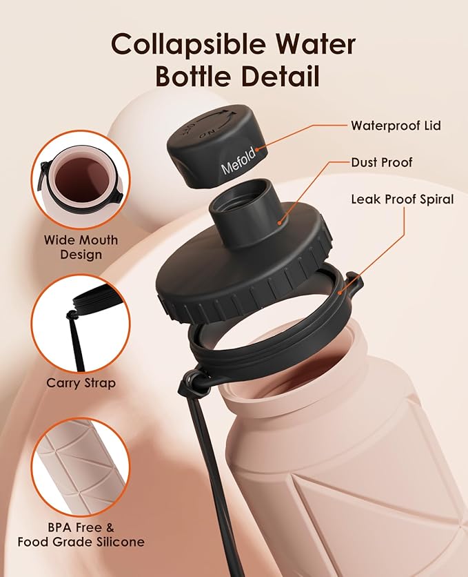 Collapsible Water Bottles,Leakproof BPA Free Silicone Foldable Portable Water Bottle 690ml(23oz),Lightweight Reusable Water bottle for Travel Running Cycling Gym Camping Sports Outdoor, Pink