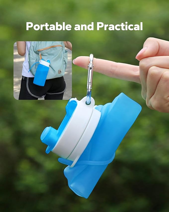 Collapsible Water Bottle, Foldable Water Bottle for Travel & Collapsable Water Bottle with Clip for Backpack, Portable Silicone Water Bottle, Collapse Water Bottle for Travel (20oz, Blue)