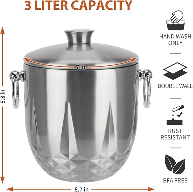 Ice Bucket with Lid, Double Wall Stainless Steel insulated ice bucket, Champagne Bucket, Wine Bucket for parties, cocktail bar, Sliver, 3L