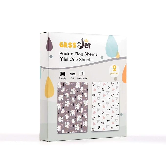 Stretchy Ultra Soft Jersey Knit Fitted Pack n Play Playard Sheets Set 2 Pack, Fits Portable/Mini Cribs Sheets, Playards Mattress Pads, Pink Simple Triangle/Dream Unicorn for Girls