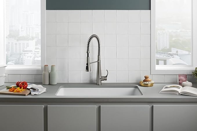 KOHLER 8206-CM6 Cairn 33-1/2" Undermount Single-Bowl Kitchen Sink, Neoroc Composite Kitchen Sink, Single-Bowl Sink with Bottom Sink Rack, Matte White