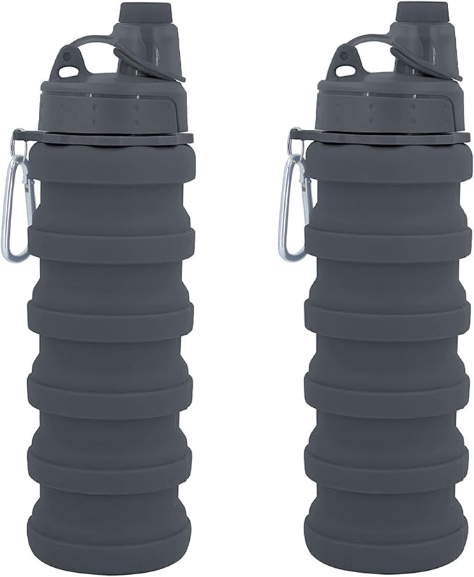 Collapsible Water Bottles Two Pack Travel Sports Portable Sport Water Bottle comes with mountaineering Buckle 500ml silicone Water-proof camping water bottle (Grey and Grey Color)
