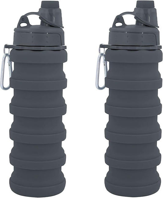 Collapsible Water Bottles Two Pack Travel Sports Portable Sport Water Bottle comes with mountaineering Buckle 500ml silicone Water-proof camping water bottle (Grey and Grey Color)