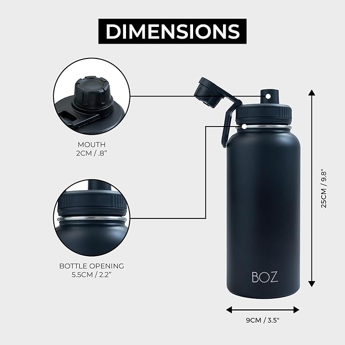 BOZ Stainless Steel Water Bottles 2 Pack Bundle - Grey Water Bottle + Black Water Bottle - Vaccum Insulated Water Bottles 32 Oz - Wide Mouth BPA Free Sport Water Bottles for Gym with Spout Lid