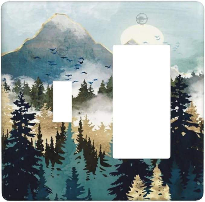 Boho Mountain Forest Abstract Sunset Sunrise Sun 2 Gang Single Toggle Rocker Combination Light Switch Covers Wall Plate Cover Electrical Faceplate Decorative Switchplate for Country Bedroom Decor