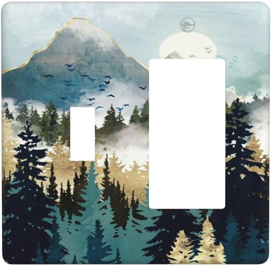Boho Mountain Forest Abstract Sunset Sunrise Sun 2 Gang Single Toggle Rocker Combination Light Switch Covers Wall Plate Cover Electrical Faceplate Decorative Switchplate for Country Bedroom Decor