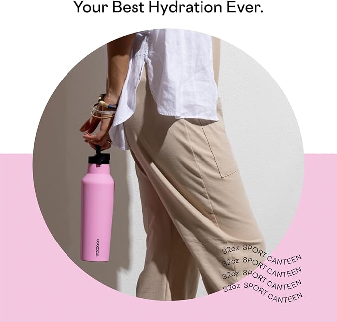 Corkcicle Sport Canteen Insulated Tumbler, Sun-Soaked Pink, 32 oz – Reusable Water Bottle Keeps Beverages Cold for 25 Hours & Hot 12 Hours – Cupholder Friendly Tumbler with Screw-On Cap