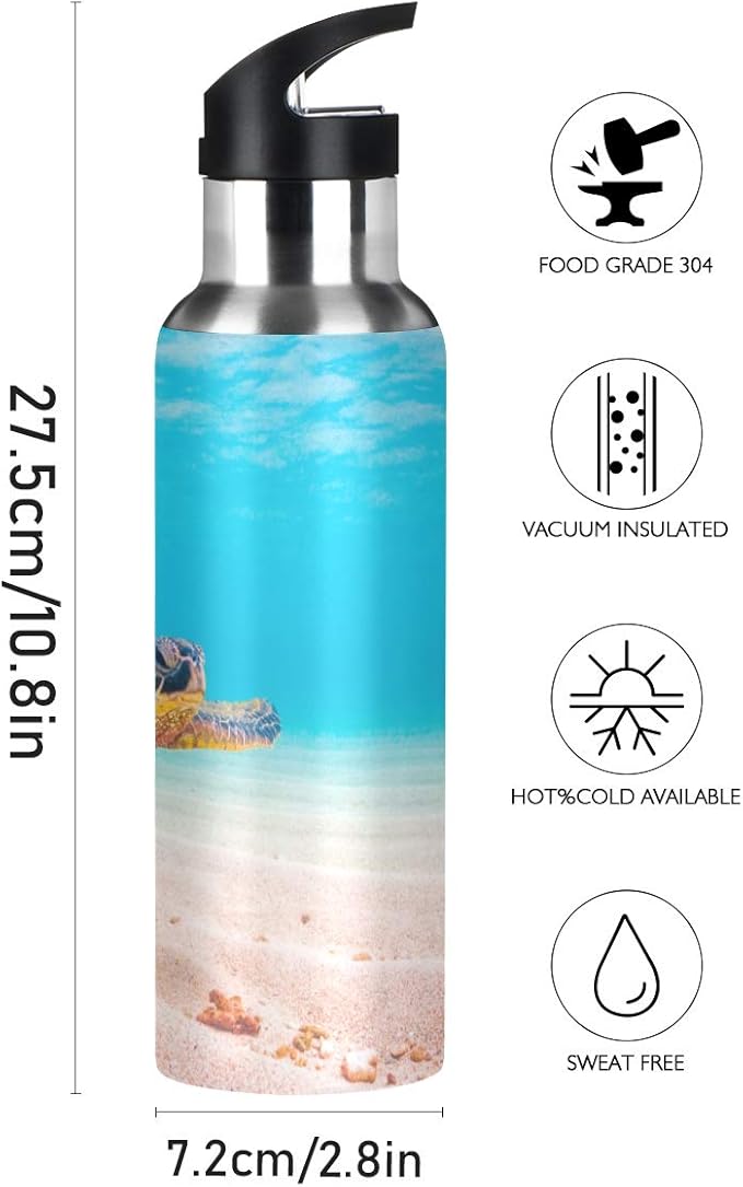 Blueangle 22oz Hawaiian Green Sea Turtle Water Bottle, BPA Free Stainless Steel Water Bottle Leak-Proof Sports Bottle for Camping Workouts Gym and Outdoor Activity