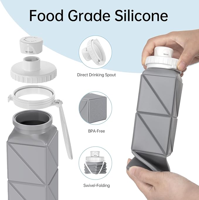 Foldable Water Bottle for Travel Cycling Gym Camping Sports,Leakproof Lid,Food Grade BPA-Free Silicone Travel Bottles 610ml -Lightweight 21oz Portable,Wide Mouth ,Durable,Collapsible Water Bottle