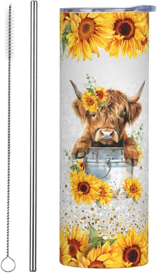 Highland Cow Tumbler Highland Cow Gifts Highland Cow Tumbler With Lid 20oz Stainless Steel Cow Sunflower Gifts For Women Mom Reusable Bottle For Hot & Cold Drinks Tea Cup Iced Coffee Travel Mug
