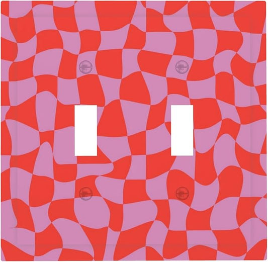 Groovy Check Double Toggle Light Switch Covers 2 Gang Wall Plate Dual Decorative Switchplate Electrical Faceplate for Bathroom Country Kitchen Bedroom Decor, 4.9" x 5"