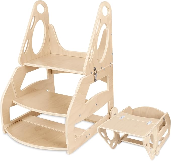 Toddler Step Stool, 2 in 1 Wooden Step Stool for Toddler, Adjustable Toddler Step Stool with Handles and Wheels, Convertible Kids Table and Stool Set