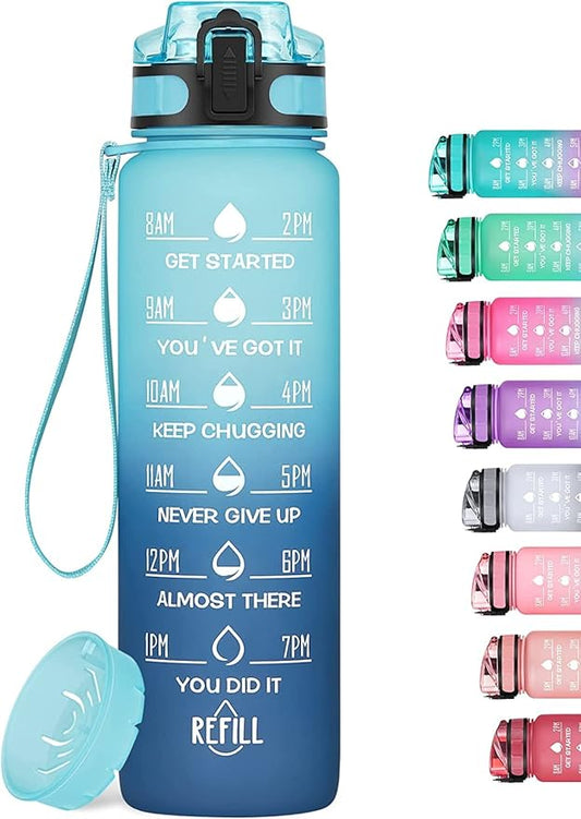 32oz Motivational Water Bottle with Time Marker & Fruit Strainer, Leak-proof BPA Free Non-Toxic 1l Bottle with Carrying Strap, Perfect for Fitness, Gym and Outdoor Sports (Ombre: Blue Waves)