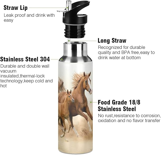 xigua Running Arabian Horse Water Bottle, BPA Free Stainless Steel Water Bottle Leak-Proof Sports Bottle for Camping Workouts Gym and Outdoor Activity, 22oz