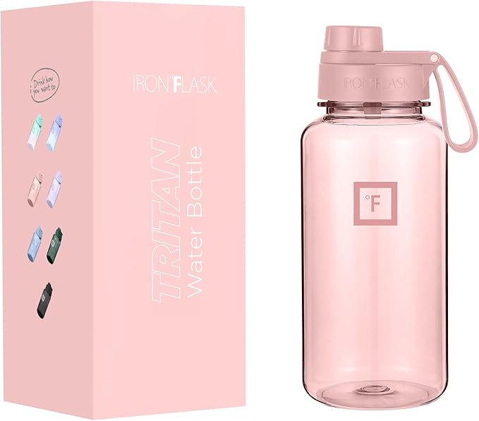 IRON °FLASK Clear Tritan Trekker Water Bottle with Chug Lid - Leak Proof & Lightweight for Gym, Hiking, Sports - Dishwasher Safe, BPA Free Plastic - Pink Marshmallow, 32 Oz
