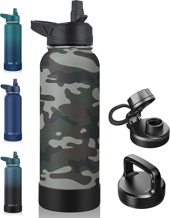 CIVAGO 40 oz Insulated Water Bottle With Straw, Stainless Steel Sports Water Flask Cup with 3 Lids (Straw, Portable Spout and Handle Lid), Double Walled Travel Thermal Canteen Mug, Camo