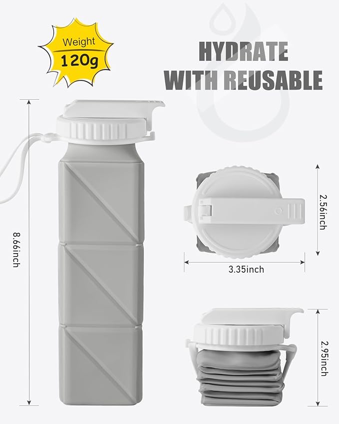 Opard Collapsible Water Bottles 21 Oz - BPA Free, Leak Proof, Foldable Silicone Collapse Water Bottle with Straw, Easy to Compact and Expandable, Travel Essentials Accessories (Grey)