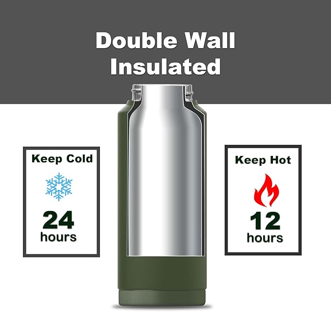 Green 32 oz insulated water bottle with straw stainless steel water bottle,double wall,leak proof water bottles with 3 lids,travel,gym mens water bottle (Navy Green, 32oz)