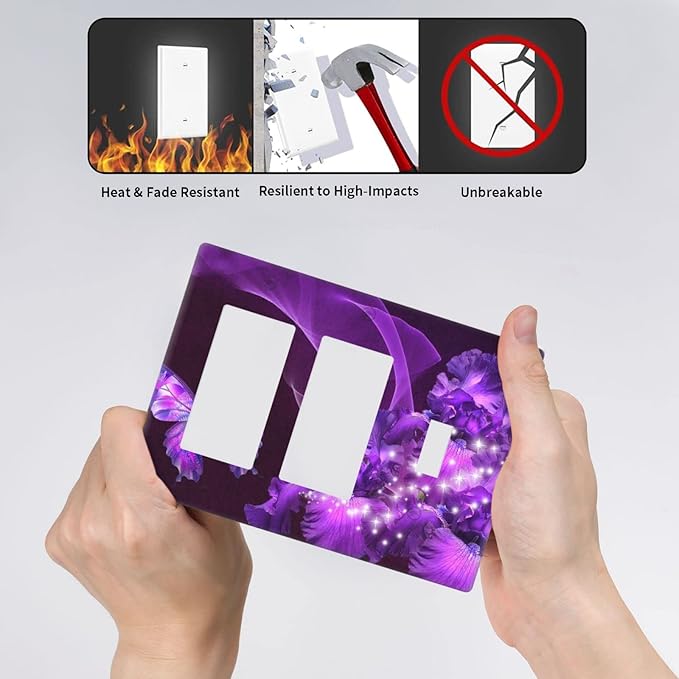 Purple Butterfly Flower Combo 2 Rocker 1 Toggle Light Switch Wall Plate Cover Decorative 3-Gang for Electrical Outlets Girls Room Bathroom Bedroom Home Kitchen Two Decora Receptacle 4.5" x 6.38"