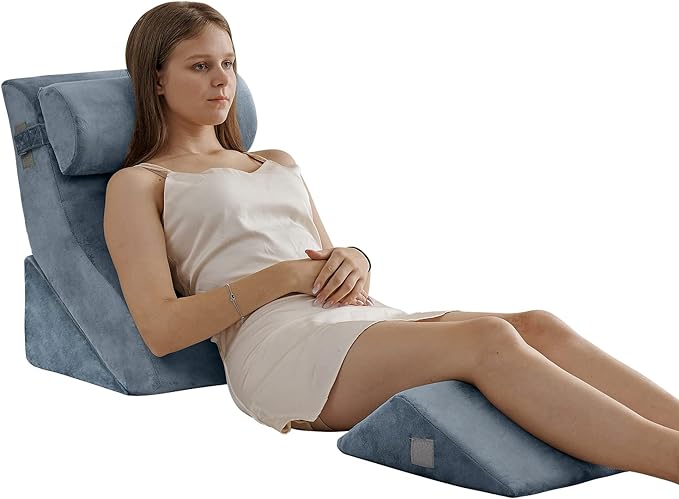 Qirroboni 4PCS Orthopedic Bed Wedge Pillow Set, Adjustable Pillows for Neck, Back and Leg Pain Relief Comfortable & Post Surgery Foam - Heartburn, Anti Snoring, Acid Reflux & GERD Sleeping Navy
