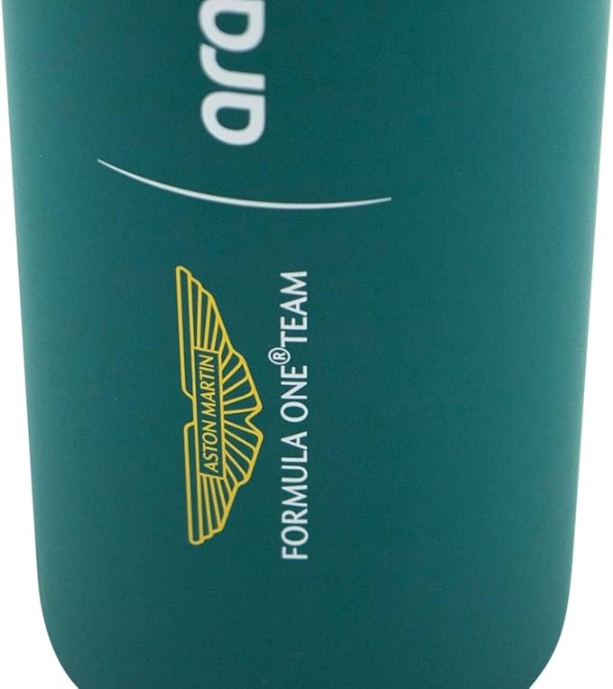 Aston Martin Team Logo water bottle, 2024 design, featuring Team and Sponsor logos on a steel bottle in Team colours, 500 ml capacity, with a loop strap for carrying, Official Merchandise