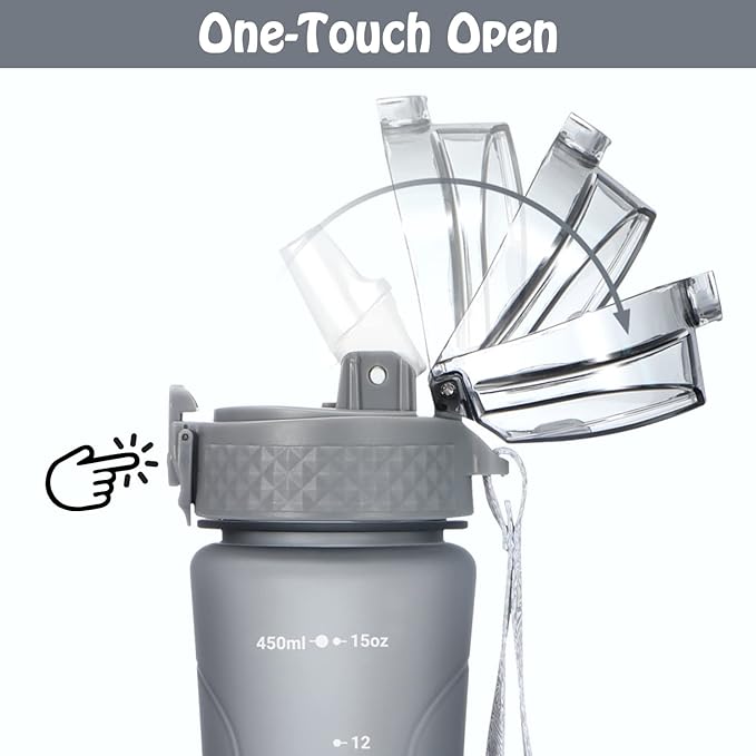 OLDLEY Replacement Straw Lid for 15 oz Water Bottle, Leakproof Spillproof Dustproof One-Click Open Cap with Carry Strap