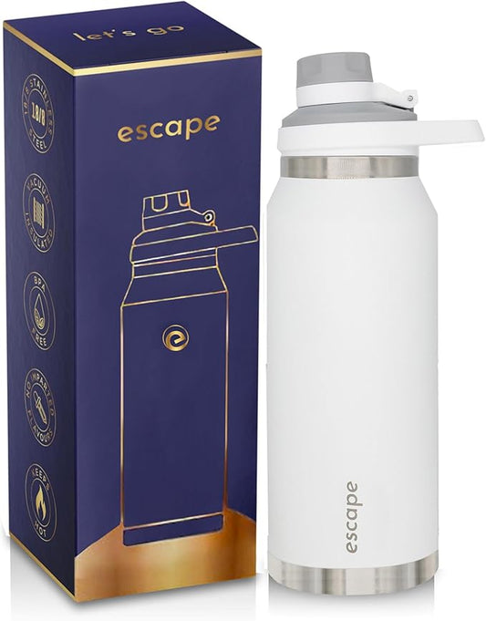 Escape 1 Liter Water Bottle Ideal for Gym Dishwasher Safe 34 oz Insulated Stainless Steel that Keeps Hot & Cold Wide Mouth WHITE