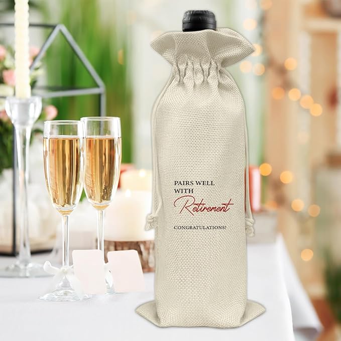 Retirement Wine Bag, Goodbye Gift for Coworkers, Retired Gift for Women Men, Going Away Gifts for Coworker Friends, Pairs Well with Retirement Wine Bag Happy Retirement Burlap Drawstring Wine Bag