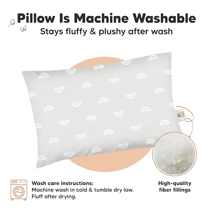 KeaBabies Toddler Pillow - Soft Organic Cotton Toddler Pillows for Sleeping, 13X18 Small Pillow for Kids, Kids Pillows for Sleeping, Kids Pillow for Travel, School, Nap, Age 2 to 5 (Gray Rainbow)