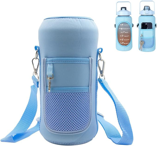 Water Bottle Sleeve Carrier with Strap 67oz Wate (Blue/NO Bottle) with for Time Motivational Water Jug Line Showing, Fitness, Sports, Gym, Outdoor