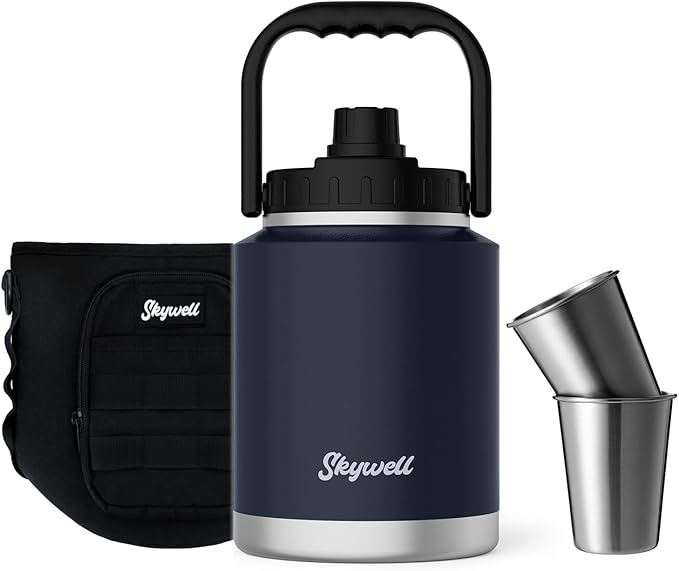 SkyWell 64 Oz Insulated Water Bottle Sleeve and Cup Kit Wide Mouth Water Flask Sweat-Proof and Leak-Proof Half Gallon Water Jug for Outdoors, Navy Kit