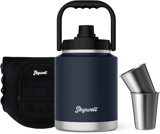 SkyWell 64 Oz Insulated Water Bottle Sleeve and Cup Kit Wide Mouth Water Flask Sweat-Proof and Leak-Proof Half Gallon Water Jug for Outdoors, Navy Kit