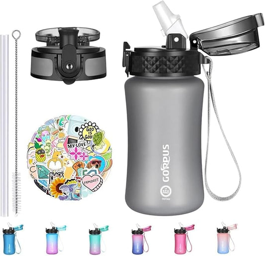 GOPPUS Kids Water Bottle with Straw Spout Lid 10pcs Stickers 12 oz Leak-proof BPA Free Motivational Time Marker Tritan Plastic Water Bottles for Girls Boys School Sports