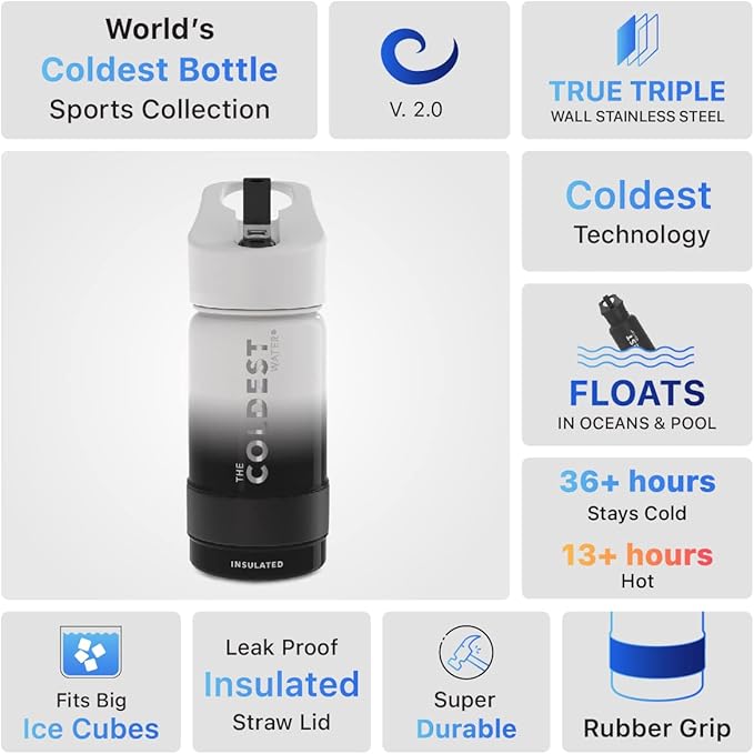 Coldest Sports Water Bottle - Straw Lid Bottle with Handle Leak Proof, Vacuum Insulated Stainless Steel, Double Walled, Thermo Mug, Metal | Hyperspace 14 oz