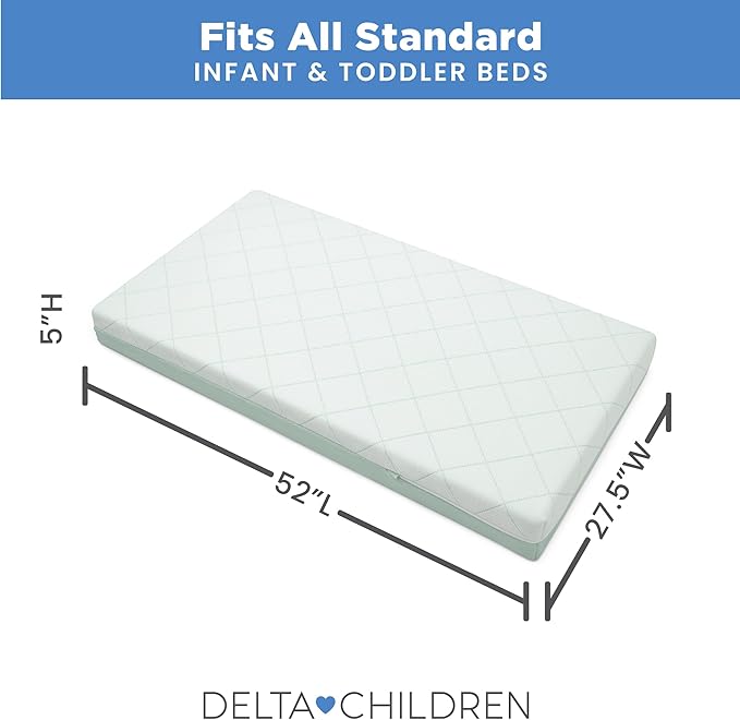 Delta Children Starlit Sky 2-Stage Crib and Toddler Mattress – GREENGUARD Gold Certified, CertiPUR-US Certified Foam, Breathable Machine Washable Cover, Waterproof Barrier, Made in USA, Green