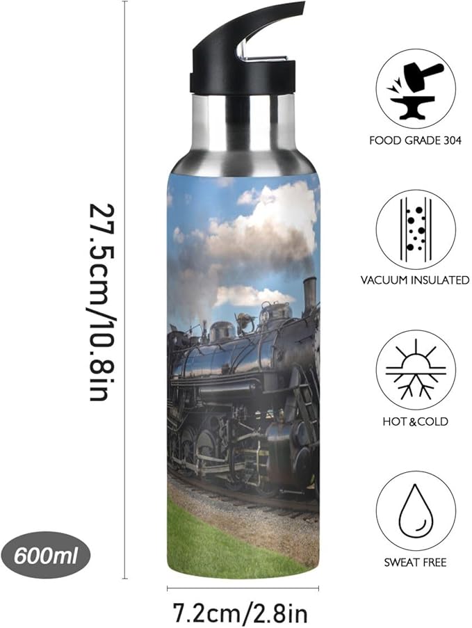 Vintage Steam Train Stainless Steel Water Bottle with Straw Lid - 20 Oz Sports Insulated Water Bottle Thermos for Sport Gym Outdoor Travel School