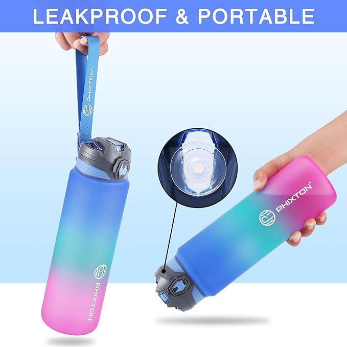 PHIXTON Water Bottle 32 OZ With Removable Straw, With or NO Straw, 32OZ BPA Free Thick Tritan Plastic Flip Top Waterbottle, Motivational Time Marker Leak Proof Water Jugs For Drinking Sports Travel