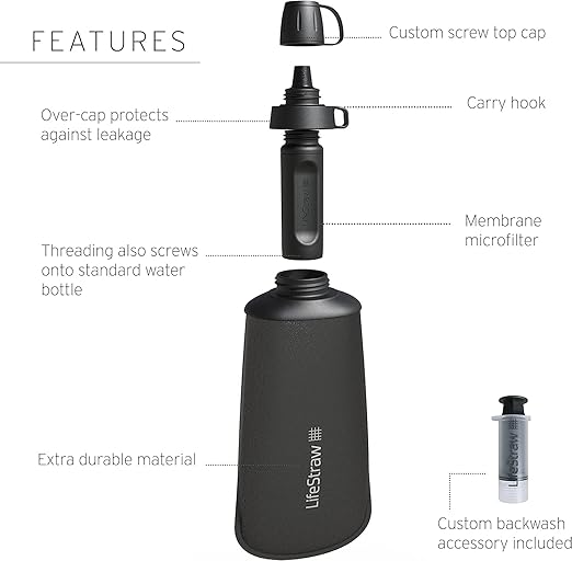 LifeStraw Peak Series - Collapsible Squeeze Bottle Water Filter System - 1L for Trail Running, Camping, Hiking, Travel, Cycling, and Fishing; Mountain Blue