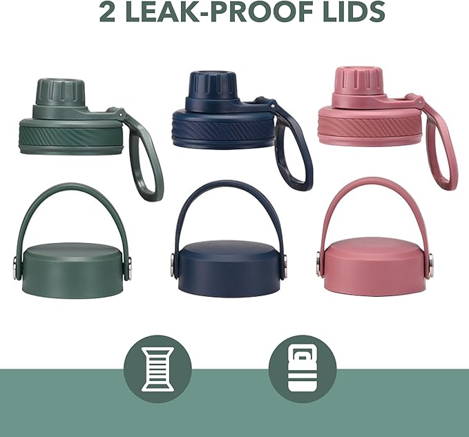 Dark Green 32 OZ Insulated Water Bottle, Forest Green Large Metal Insulated Stainless Steel Water Flask, Big Sports Travel Water Bottle with 2 Lids, Insulated Thermos Thermal Mug Cup