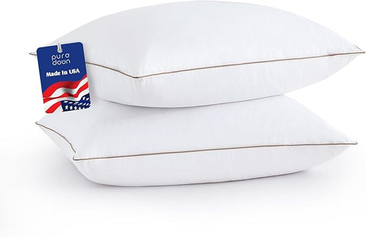 puredown® Goose Feathers Down Pillows Standard Size Set of 2 - Made in USA Soft Fluffy Hotel Pillow, 100% Cotton Cover, Luxury Medium Firm Bed Pillows for Back, Stomach or Side Sleeper.